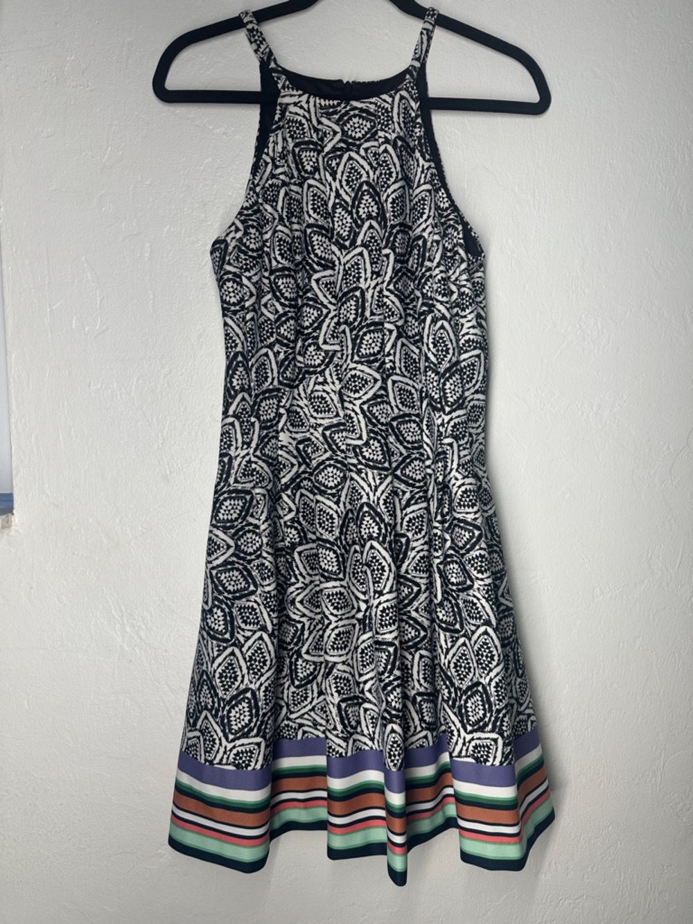 Vince  camuto Black & White Patterned Halter Dress with Color-Block Hem